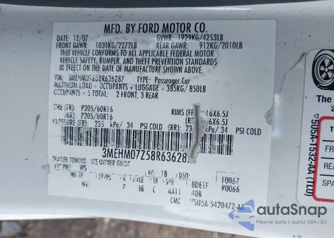 2008 Mercury Milan I4 из США, поврежденный, VIN 3MEHM07Z58R636287